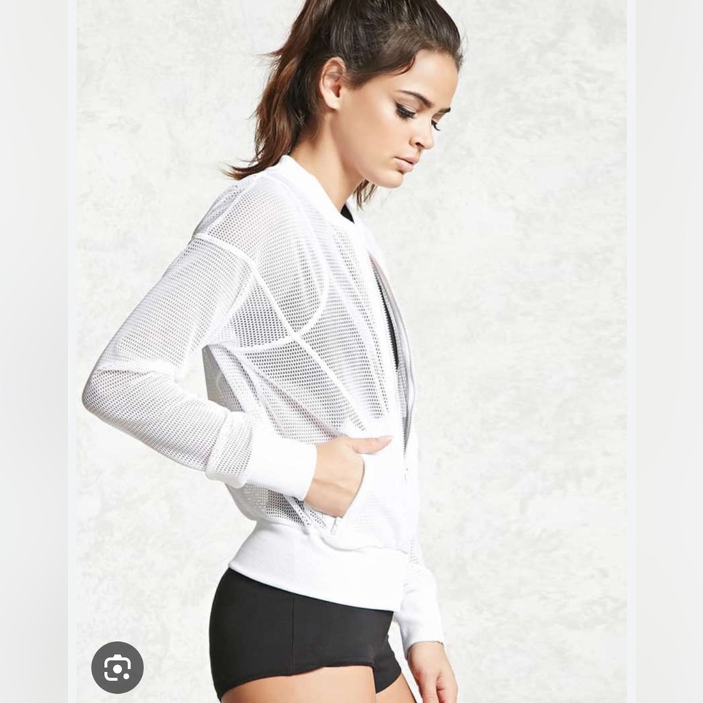 Forever21 white solid mesh bomber jacket s xs